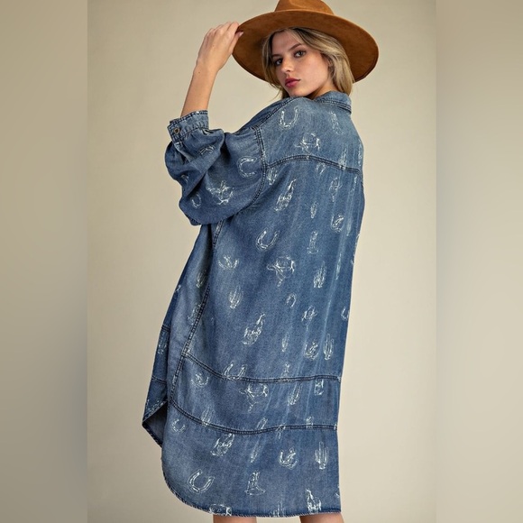 Easel Western Print Denim Blue Mini Dress - Picture 3 of 3